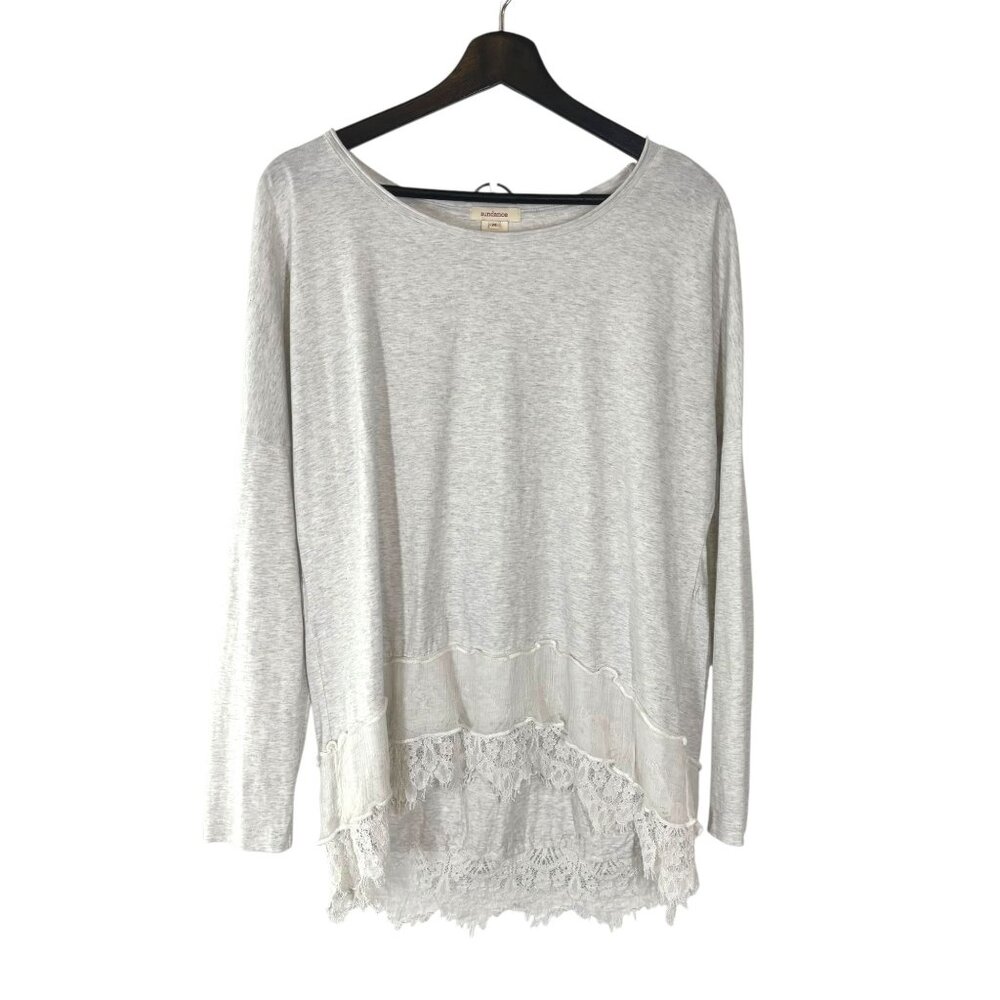 Sundance Light Grey Long Sleeve High Low Lace Ruffle Top Medium